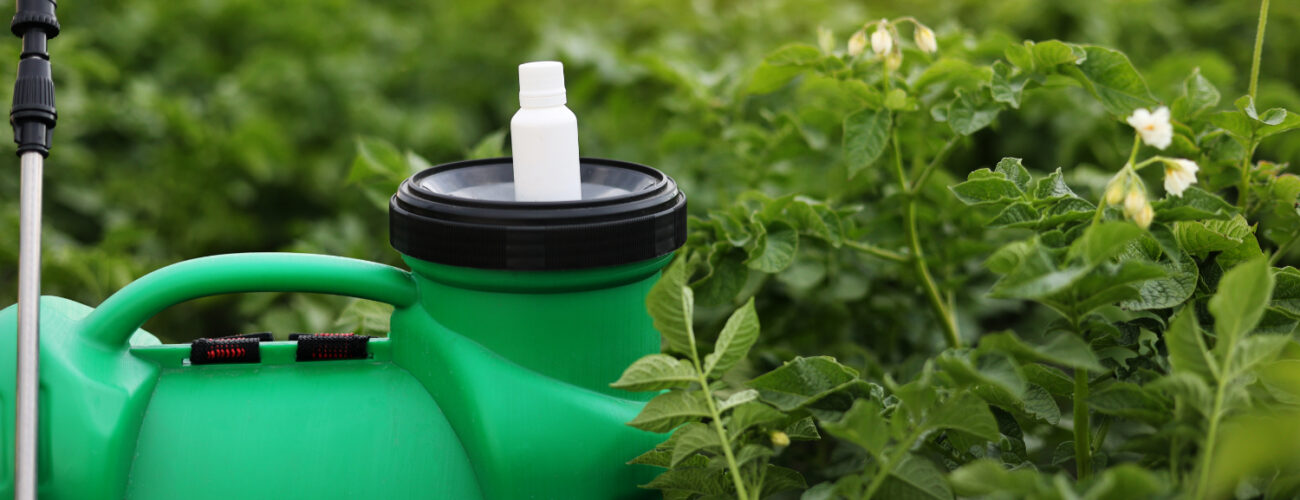 White bottle of pesticide on container sprayer in a green garden, illustrating the use of adjuvants in agriculture for plant protection.